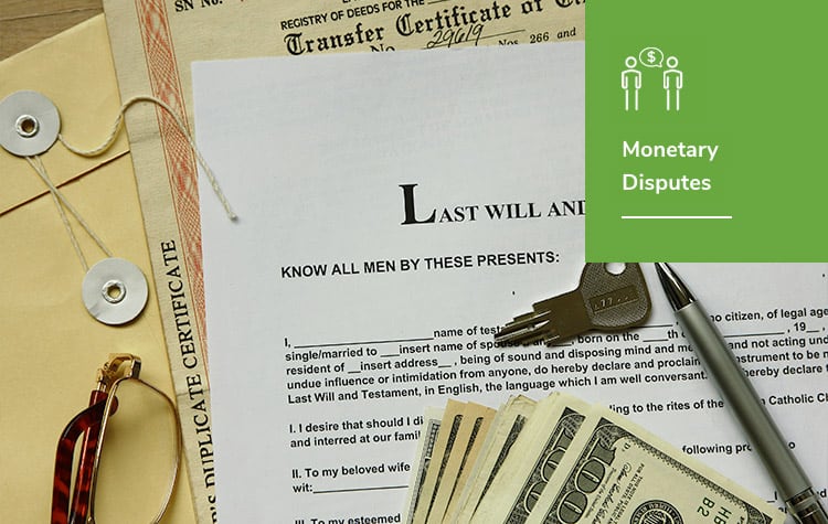 A stack of keys and money on top of a will