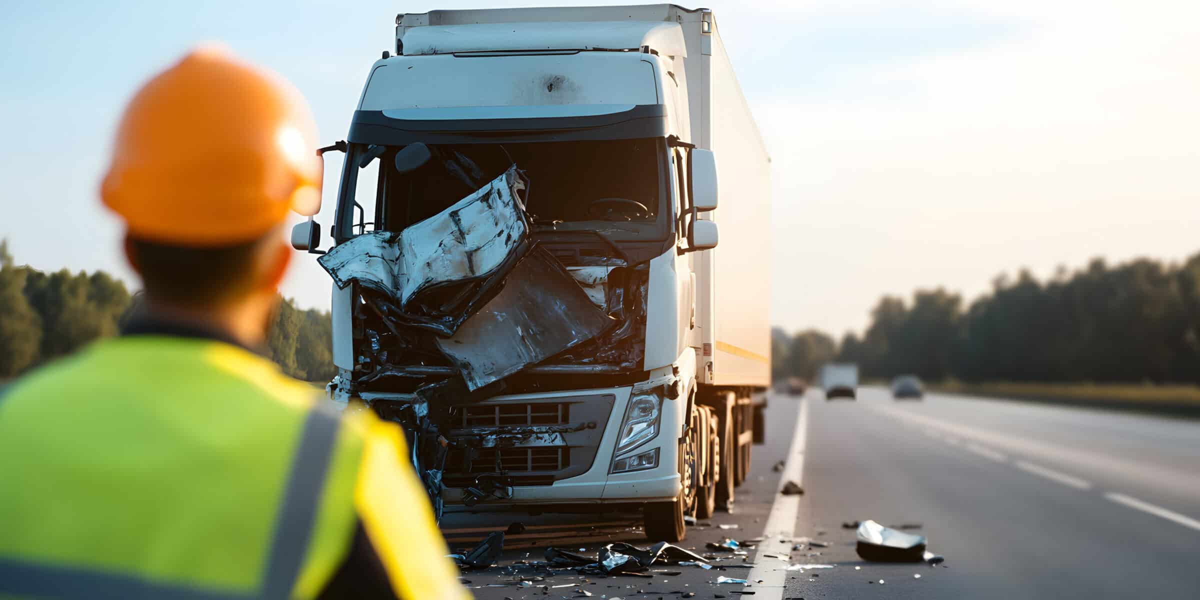 Severe Truck Accident on Highway. A worker assesses the damage to a heavily damaged semi-truck after a collision.